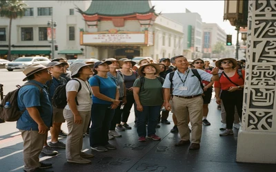 Felix in Hollywood tour group gathered near historic landmark